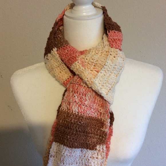 Crochet Scarf Color Coral, Cream and Tan Long Rectangle In One Size - Picture 2 of 4